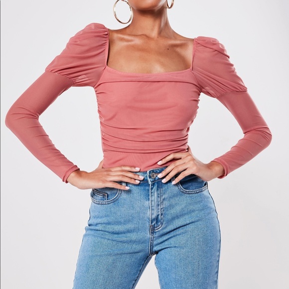 Missguided Tops - Rose Mesh Puff Sleeve bodysuit